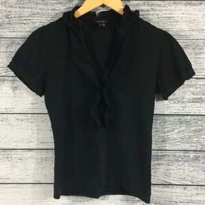Theory Black Ruffled Pullover Short Sleeve Blouse